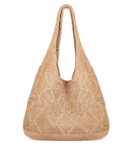 COOKOOKY Beach Tote bag Crochet Summer Beach Bag for Women Aesthetic Mesh Tote Bag Hippie Bag Knit Bag (A-khaki, Medium)