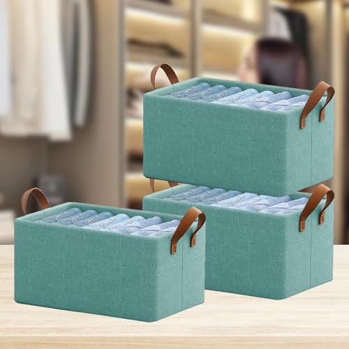 Image of INFERNO 3 Piece Foldable Wardrobe Cloth Organizer with Durable Handles, Space Saving Stuff Storage Box Closet Drawer Organizers for Clothes, Toys, Books, Blanket (Green)