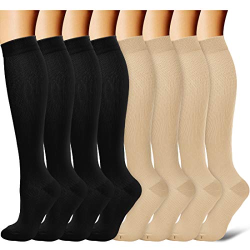 Laite Hebe brand women and men compression socks(8 Pairs)-Best Medical,Nursing,Hiking,Travel,Running,Large/X-Large,Black+Nude