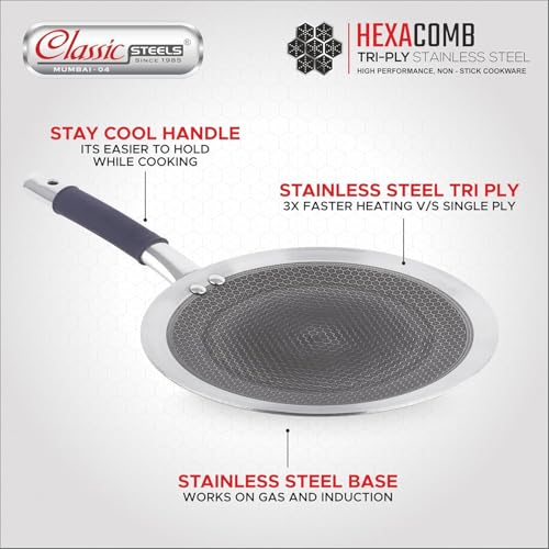 Image of Classic Steels Hexa Comb Roti Tawa 24cm - 2.5mm Thick | Non-Stick Triply Stainless Steel Roti Tawa for Roti, Chapati, Paratha | Induction & Gas Compatible| Durable Stay Cool Silicon Handle