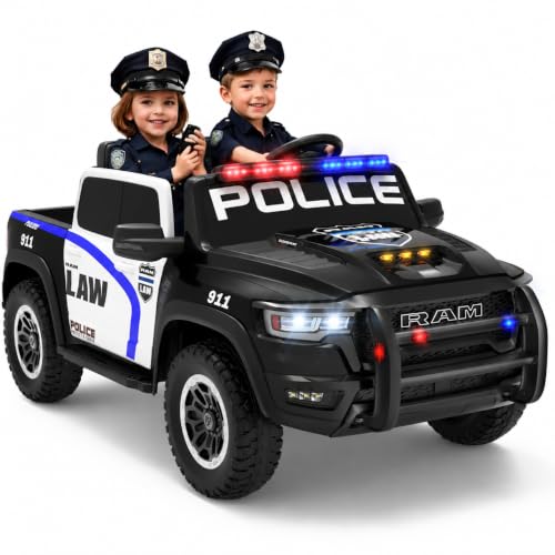 First Ride On 24V Licensed Ram 1500 RHO Police Car Ride on Toy for Kids, 2 Seater Ride on Truck with Remote Control, Electric Police Car with Siren, Flashing Lights, Bed Storage (Black 180W)