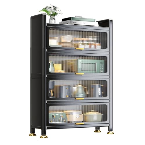 Nowoczesny wolnostojący stojak na kuchenkę mikrofalową i metalowy stojak do przechowywania z otwieranymi drzwiami - stylowy czarny kredens do salonu i biura - 80 x 42 x 144 cm zajmuje mało miejsca