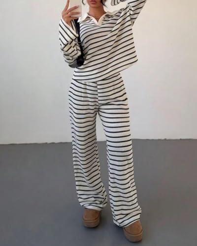 Lounge Sets for Women 2 Piece Sweater Sets Striped Long Sleeve Pullover Top Matching Set Fall Outfits4