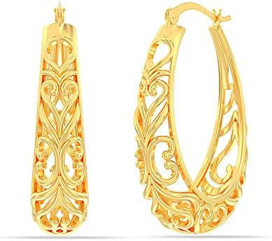 LeCalla 925 Sterling Silver Light-Weight Oval Filigree Hoop Earrings for Women Teen, Silver, not known
