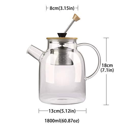 Idealux Glass Tea Kettle 64Oz, Large Tea Maker With Sus304 Tea Infuser & Bamboo Lid, Stovetop Safe Tea Pot For Loose Leaf Tea, Teabags Herbal Tea Cold Coffee Tea Brewer For Loose Tea #TOP4