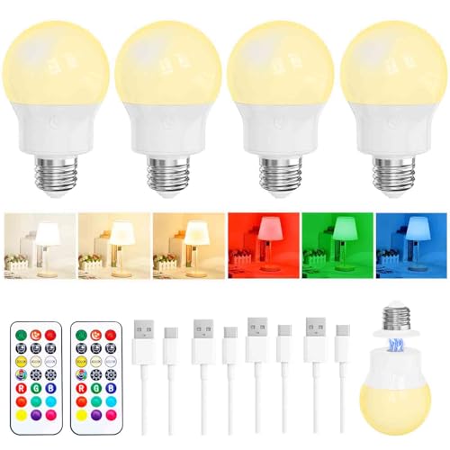 Bombilla LED Recargable E27 con Mando a Distancia, Regulable, Magnética, con Batería, 3 Temperaturas de Color + 9 Colores RGB, 480LM, 3 Timers, para Lámparas sin Corriente, Camping y Emergencia 4 Pack