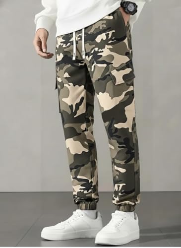 Image of TAGAS Men's Camouflage Cargo Jogger Pants | Cotton Blend Army Print Track Pants | Elastic Waist Slim Fit Casual Trousers with Pockets