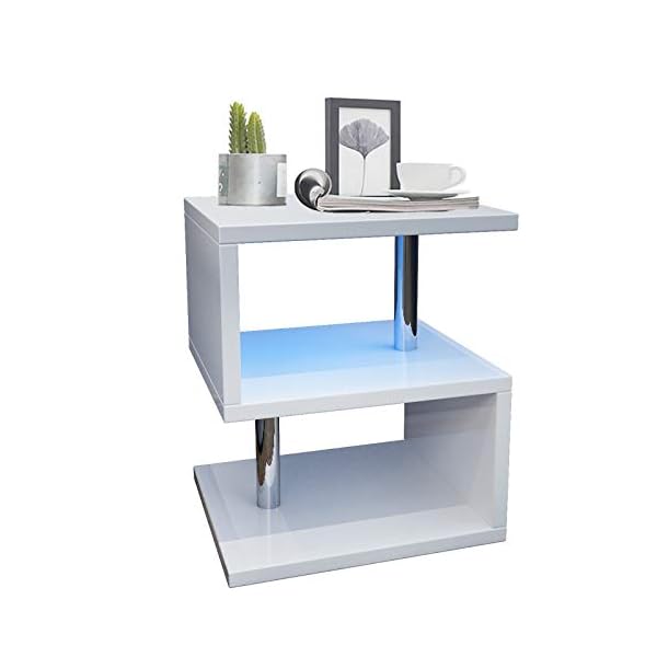 YOLEO Coffee Table Side Table for Living Room Modern White High Gloss End Table with 2 Tier Storage Shelves and Blue LED Light