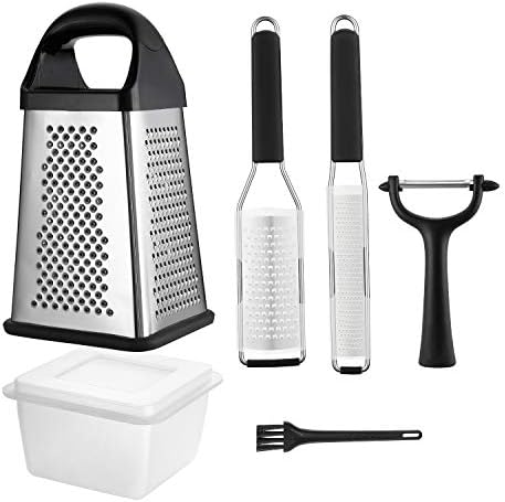 Box Grater Set of 5, GUANCI 4-Sided Stainless Steel Cheese Grater with Y-Peeler, Cleaning Brush and Storage Container for Parmesan Cheese, Ginger, Lemon, Nutmeg, Chocolate, Vegetables and Fruit