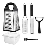 5-Piece Grater Set with 4-Sided Stainless Steel Box Grater,Set of 2 Grinders, Fruit&Vegetable Y-Peeler,and Cleaning Brush for Parmesan Cheese, Ginger,Lemon,Garlic,Nutmeg,Chocolate,Vegetables and Fruit