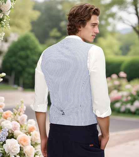 MllesReve Men Striped Vest Seersucker Slim Fit Formal Casual Waistcoat Business Vests3