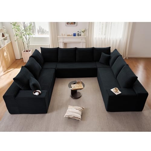 Image of Sectional Cloud Couch for Living Room, Big Comfy Corduroy Couches Set with Fluffy Memory Foam, Modular Floor Deep-Seat Sofa, Stupendous U Shaped Sofas with 12 Pillows, No Assembly Required, Black