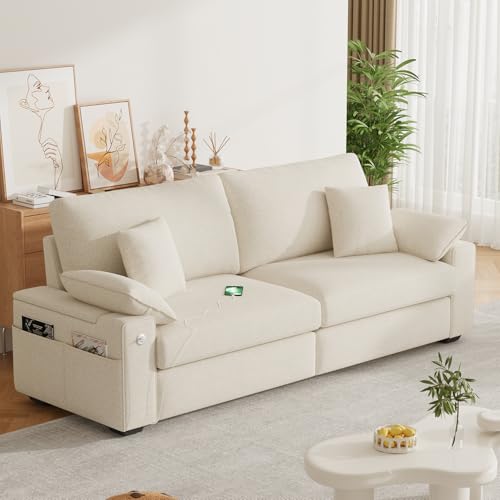 Image of 89 inch Modern Sofas for Living Room, Comfy Sofa with Deep Seat Couch, USB /Type-C Port, Side Storage, Removable Cover, Couches for Living Room, Apartment, Beige