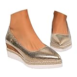 Momolaa Clearance UK 7.5 Women's Glitter Closed Toe Espadrille Wedge Pumps Ladies Shinny Platform Slip on Closed Pointed Toe Comfortable Light Weight Wedges Pumps Shoes B1_Gold Footwear