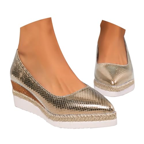Momolaa Clearance UK 7.5 Women's Glitter Closed Toe Espadrille Wedge Pumps Ladies Shinny Platform Slip on Closed Pointed Toe Comfortable Light Weight Wedges Pumps Shoes B1_Gold Footwear