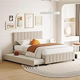 Ball & Cast Queen Size Bed Frame with 2 Drawers and 1 Twin XL Trundle,Velvet Upholstered Platform Bed with Channel Tufted Headboard,Wood Slats Support,No Box Spring Needed,Beige