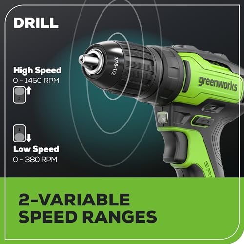 Greenworks 24V Cordless Drill/Driver Combo Kit, 310 in./lbs, 18+1 Position Clutch, 1/2" Keyless Chuck, Variable Speed, with 2 2Ah Battery, 8pcs Drill Bits and Tool Bag
