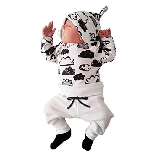 Switchali Ropa Bebe Nino Recien Nacido otoño Impresión de la Nube Blusa Bebe niña Manga Larga Camisetas Bebé Conjuntos Moda Camisa + Pantalones + Sombrero (3 Piezas) (70 (0~3meses), Blanco)
