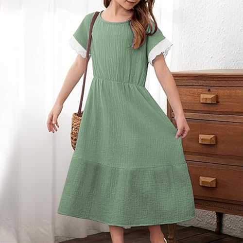 Girls Lace Trim Short Sleeve Dresses Casual Crew Neck Pleated A-Line Tiered Ruffle Hem Semi Formal Midi Dress 4-14 Years2