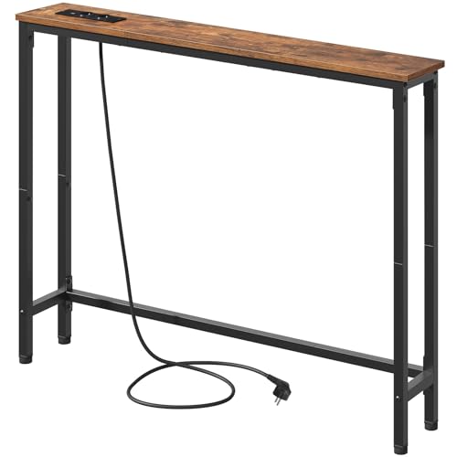 HOOBRO Tavolo Console Stretto 100 cm Consolle Ingresso, Tavolo Consolle Rustico con Stazione di Ricarica e Porte USB, Espositivo Metallo Oggiorno e Corridoio, Marrone Vintage e Nero EBF52CXG01G1