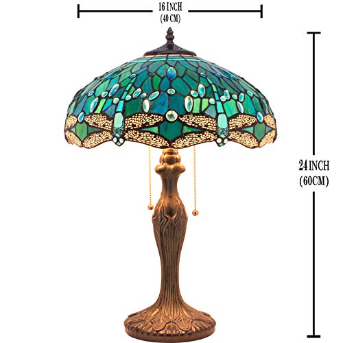 Werfactory Tiffany Table Lamp Green Stained Glass Dragonfly Bedside Lamp 16X16X24 Inches Desk Reading Light Metal Base Decor Bedroom Living Room Home Office S622 Series #TOP1