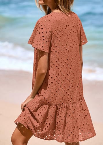 Image of KIRUNDO Eyelet Dresses for Women Button Down Mini Babydoll | 2026 Summer Short Sleeve Boho Sundress, Loose Fit V Neck Short Dress With Pockets, A Line, Cruise Beach Vacation Outfits