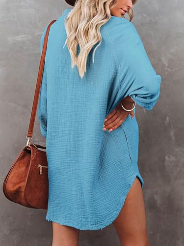 Women's Summer Long Sleeve Beach Cover-ups Casual Button Down Dresses Shirt Oversized Tunic Dress with Pocket2