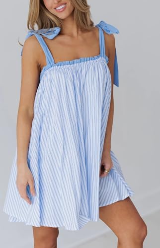 Image of Women Floral Tie Shoulder Mini Dress Cute Square Neck Loose Fit Beach Short Dress Backless Boho Vocation Sundress