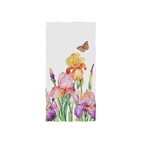 Naanle Iris Flower Field with Butterfly Green Leaf Spring Nature Floral Print On White Soft Bath Towel Absorbent Hand Towels Multipurpose for Bathroom Hotel Gym and Spa 30