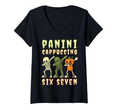 Womens Italian Brainrot Halloween Panini Cappuccino Six Seven Meme V-Neck T-Shirt