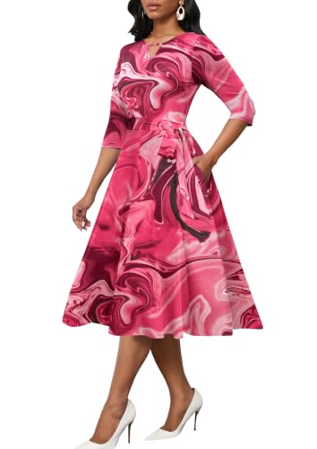 Image of CLOCOR Midi Dresses for Women Casual A-Line Fit and Flare Dress Crewneck 3 /4 Sleeve Keyhole Cocktail Party Church Dress