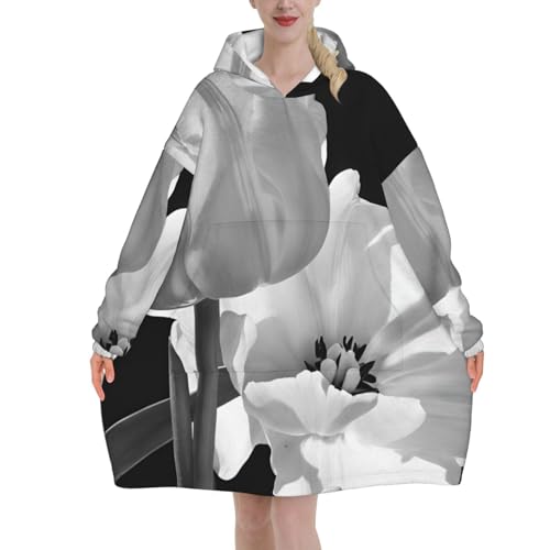 Couverture à capuche en flanelle noire à fleurs blanches pour adulte