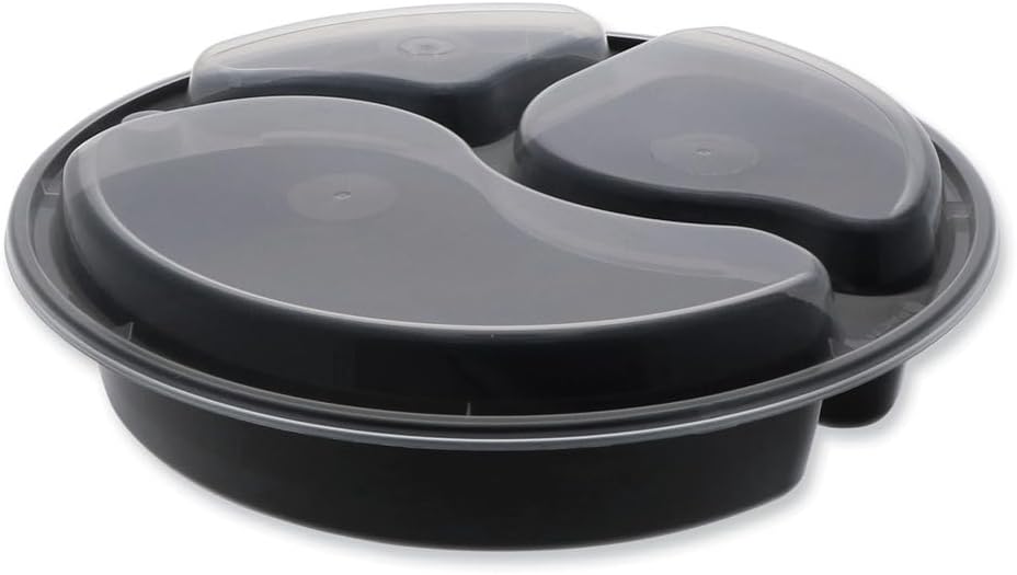 Evergreen newspring versatainer microwavable containers, round, 3-compartment, 39 oz, 9 x 9 x 2.25, black/clear, plastic, 150/carton