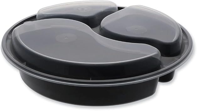 Pactiv Evergreen newspring versatainer microwavable containers, round, 3-compartment, 39 oz, 9 x 9 x 2.25, black/clear, plastic, 150/carton