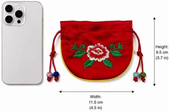 Red Lucky Gift Bag, Peony Embroidery Jewelry & Coin Pouch | Traditional Korean lucky pouch with detailed peony embroidery