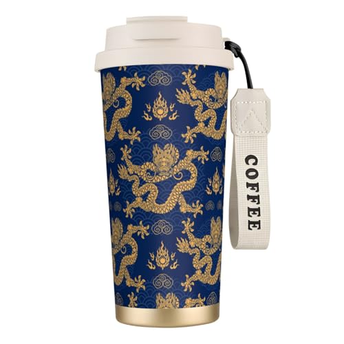 タンブラー 青 龍 ドラゴン柄 和柄 マグボトル コーヒーカップ 水筒 保温 保冷 ウォーターボトル 蓋付き ストロー付き 直飲み おしゃれ プレゼント