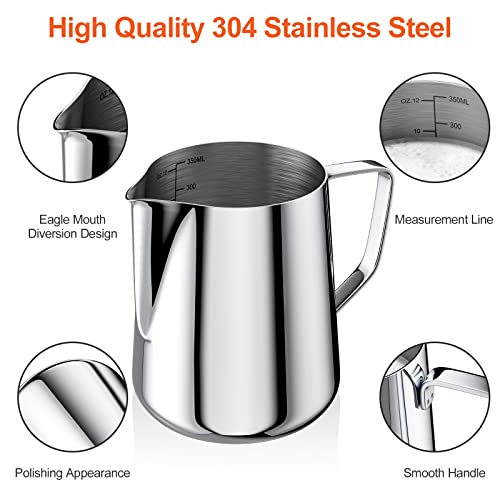 Foto von Gvolatee 350ml Milchkännchen zum Milchaufschäumen 304 Edelstahl, Milchkanne mit Messung Mark 12oz für Barista, Milch Pitcher für Cappuccino, Latte Art,Espresso, Perfekt für Kaffeeliebhabe, Silber