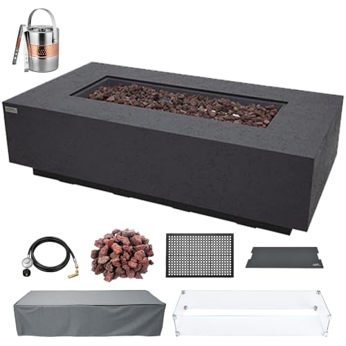 Image of AMS Creations | Madison 60 inch Bundle Rectangular Natural Gas Outdoor Fire Pit Table | Dark Gray Concrete GFRC | Limestone Texture or Surface | Electronic Ignition | Outside Backyard Fireplace