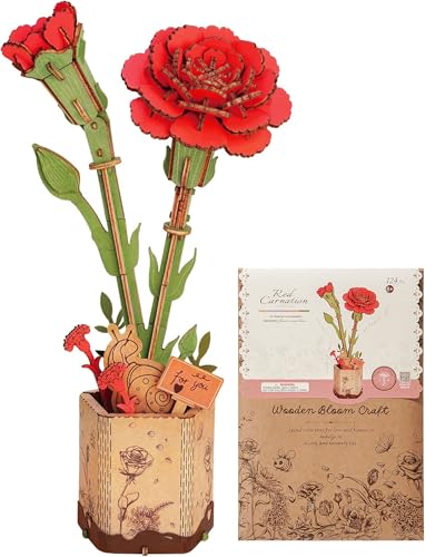 ROBOTIME 3D Holzpuzzle Künstliche Blumen Modellbausätze für Erwachsene zum Bauen, Kreative Wohnkultur, Accessoires Wohnzimmer, Geschenke für Frauen am Valentinstag, Blumenstrauß (Rote Nelken)
