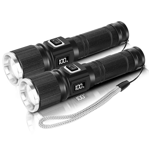 Annteneo Rechargeable Flashlight with LCD Display, Super Bright Small Pocket Flashlight, 3 Modes LED Tactical Flash Light, Zoomable Waterproof for Camping and Home(2Pack, Black CW)