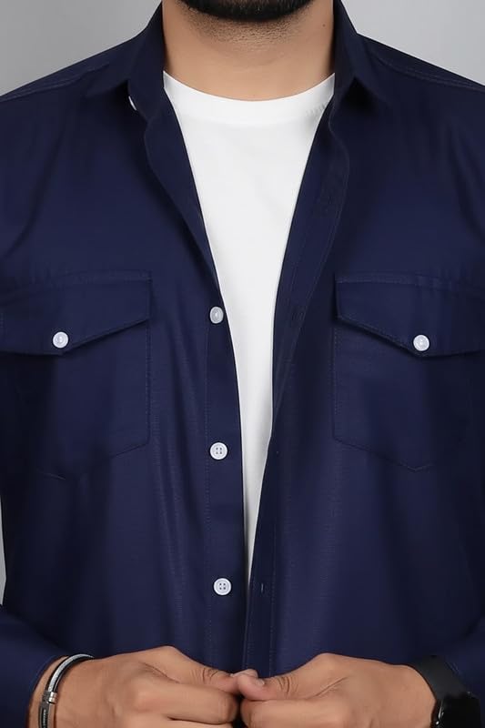 Image of DEELMO Men Solid Slim Fit Casual Overshirt Style Shirt | Full Sleeve Button-Down Layering Shirt Smart Casual Look