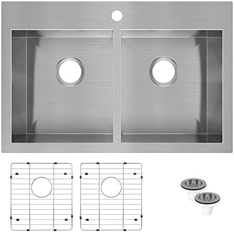 Artika SQ220GS18-CCA 31"x 20" Double Bowl Undermount or Drop-in 18 Gauge 50/50 Kitchen Sink Stainless Steel with Grids Included, Brushed Nickel