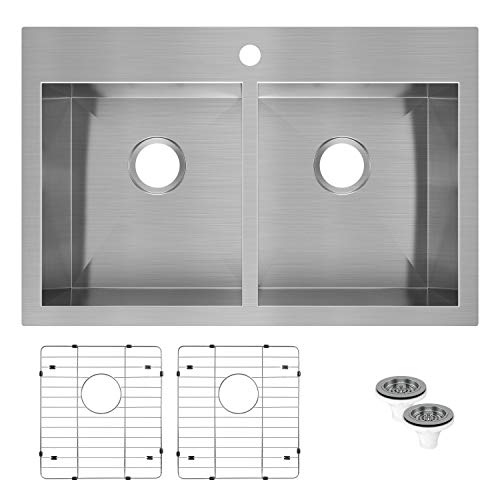 Artika SQ220GS18-CCA 31\"x 20\" Double Bowl Undermount or Drop-in 18 Gauge 50/50 Kitchen Sink Stainless Steel with Grids Included, Brushed Nickel