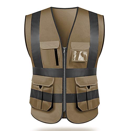 Safety Vest High visibility reflective safety vest work reflective vest multi pockets workwear safety waistcoat men safety vest (S, Brown)