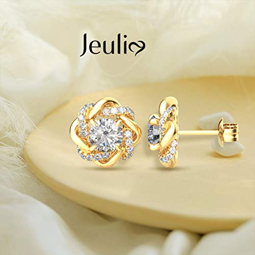 Image of Jeulia Flower Rose Gold Plated Earrings 925 Sterling Silver Cushion Cut Cubic Zirconia Stud Earrings for Women