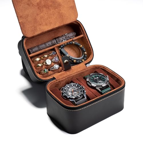 AUKURA 2 slots Watch travel Case Display Box, Hard leather watch storage organizer box fit watches up 52mm face,with insert for accessories. (BLACK, 2 SLOT)