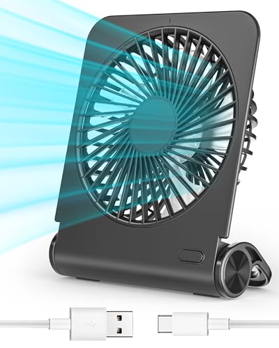 Vankarr Mini Ventilador USB 2500 mAh Recargable Portatil Ventilador Pequeño Silencioso, 4 Velocidades 220 ° Plegable Viento Fuerte para Oficina, Mesa, Hogar, Fitness, Viajes, Cámping, Exterior, Negro