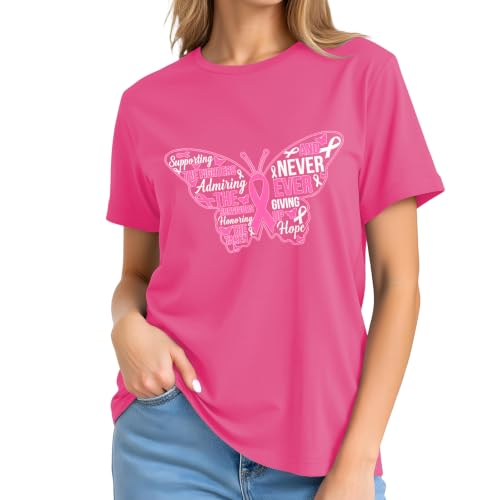 Image of Breast Cancer Survivor Butterfly Shirt for Women-Pink Ribbon Short Sleeve | With Hope Slogan Print Tee Top Ideal for Breast Cancer Group Uniform for Awareness Month & Survivor Memorial Gathering