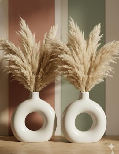 Image of Ceramic Donut Vase Modern Flower Vase | Decorative Centerpiece Vase for Pampas Grass Dried Flowers | Minimalist Home Office Table Decor | Handcrafted Gift (9 Inch (Pack of 2))