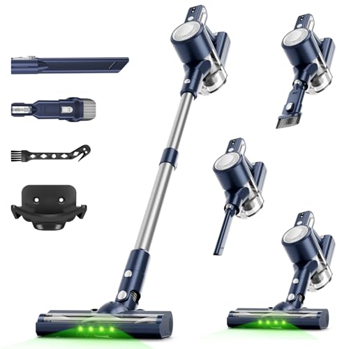 Clinkal Cordless Vacuum Cleaner for Home: 6-in-1 Stick Vacuum with Powerful Suction, Rechargeable, Anti-Tangle Pet Hair Brush, Green LED Headlight Vacuum for Carpet & Hardwood Floors-Dark Blue